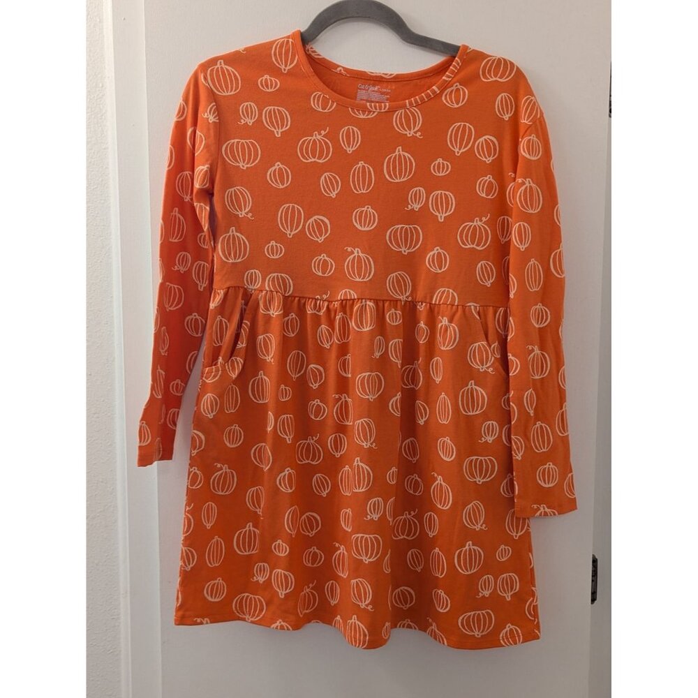 Girls Pumpkin Print Long-Sleeve Orange Dress By Cat & Jack Size L (10/12) Cotton